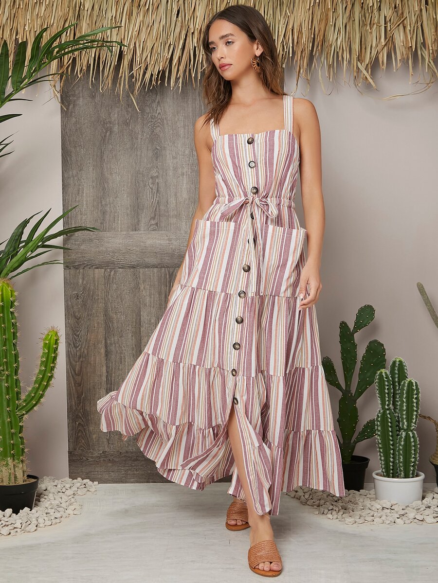 SHEIN Vestido con bolsillo con botón delantero de rayas - Multicolor - Ver 1