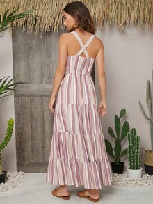 SHEIN Vestido con bolsillo con botón delantero de rayas - Multicolor - Ver 2