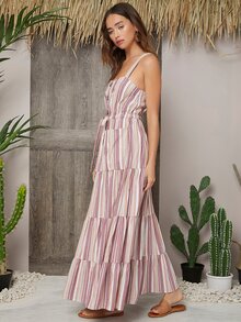 SHEIN Vestido con bolsillo con botón delantero de rayas - Multicolor - Ver 3