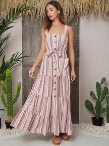 SHEIN Vestido con bolsillo con botón delantero de rayas - Multicolor - Ver 4