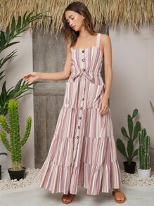 SHEIN Vestido con bolsillo con botón delantero de rayas - Multicolor - Ver 5