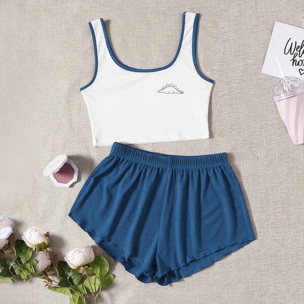 

Cartoon Graphic Contrast Binding Pajama Set, Blue and white