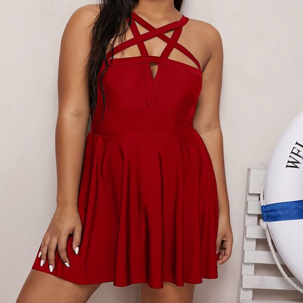 

Plus Criss Cross One Piece Swimsuit, Burgundy