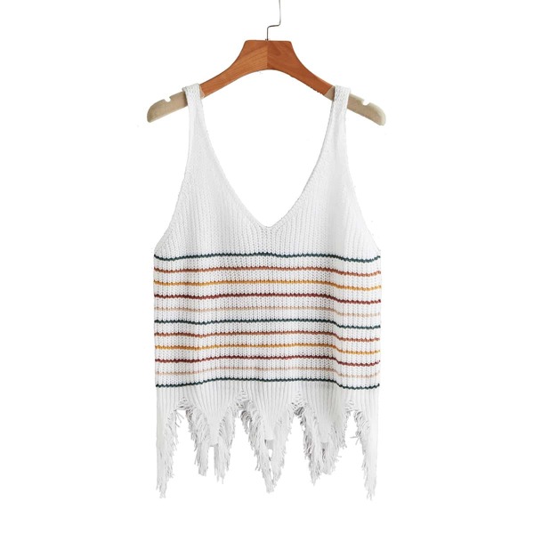 

Striped Distressed Hem Knit Top, White