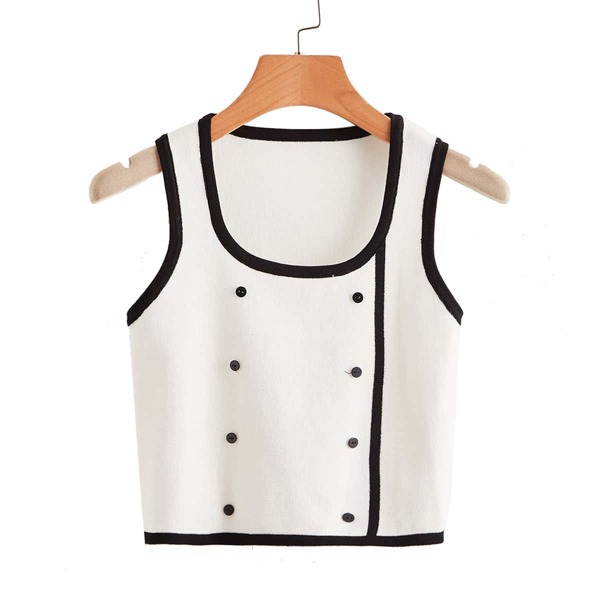 

Double Breasted Contrast Binding Sweater Vest, White