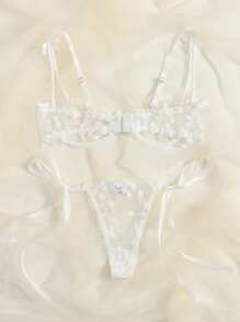 Conjunto De Lencería Con Brasier Y Braguitas De Malla Con Corazón Bordado - Blanco - Ver 2