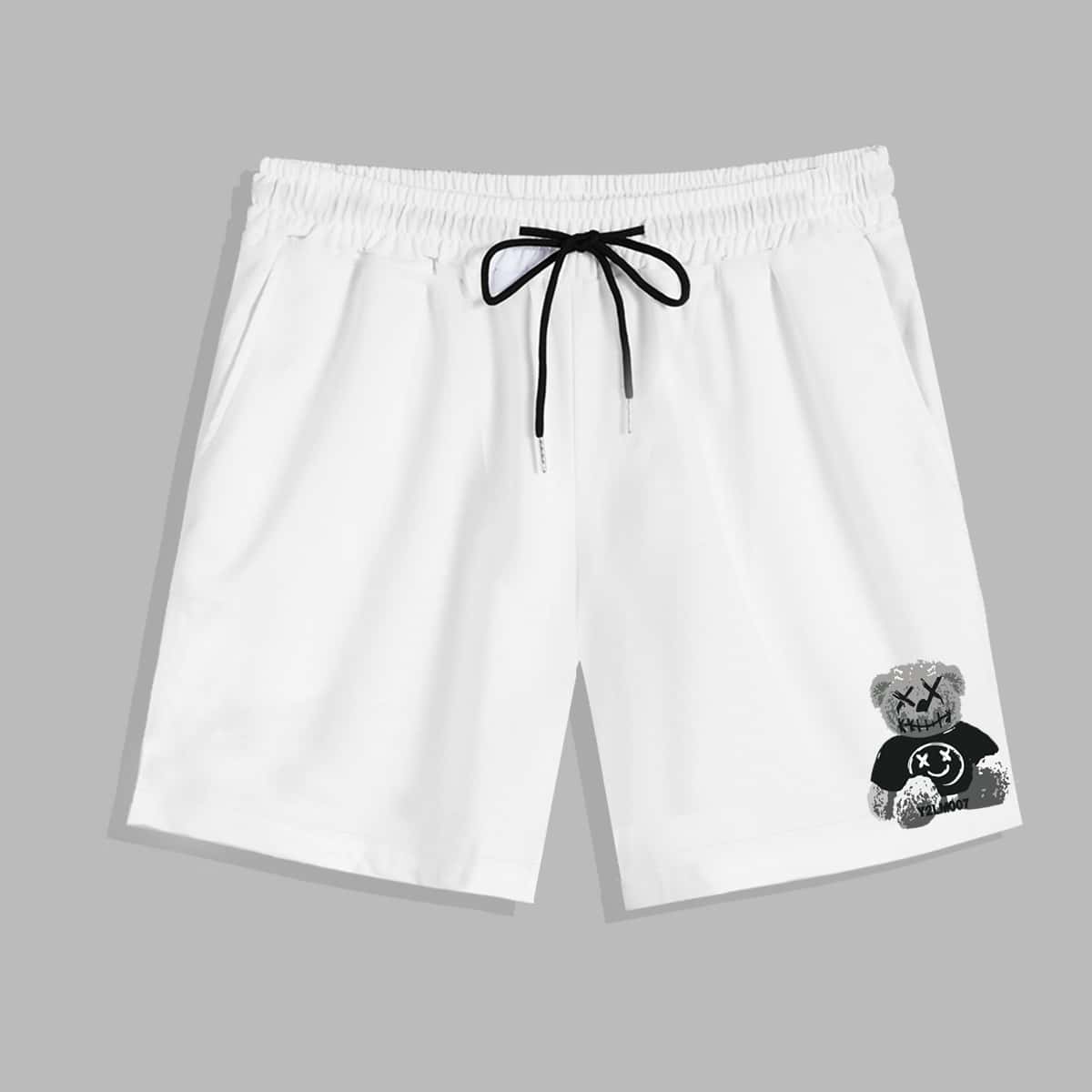 

Guys Cartoon Bear Graphic Drawstring Shorts 7'', White