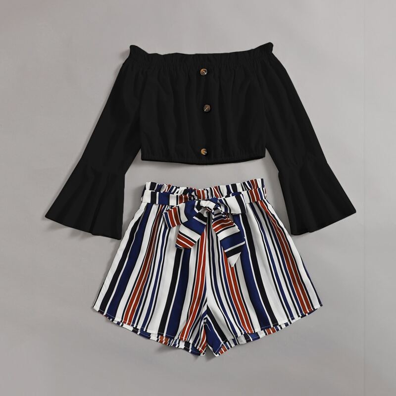 

Solid Button Front Crop Top & Striped Belted Shorts, Multicolor