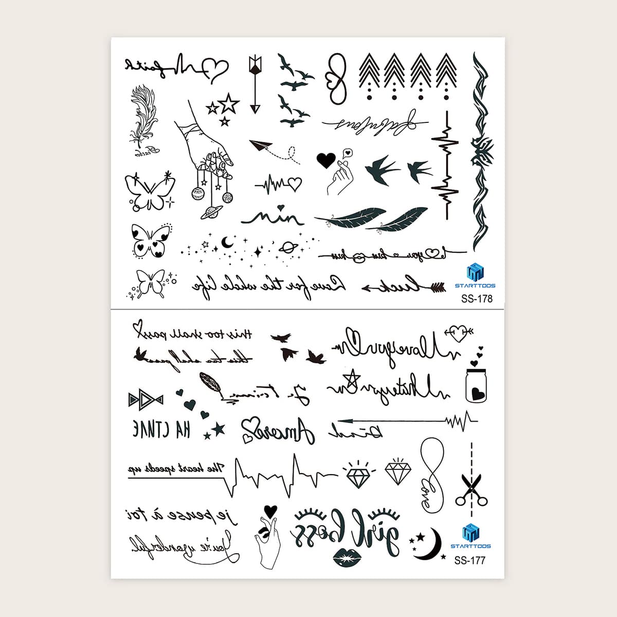 

2sheets Butterfly & Diamond Tattoo Sticker, Black