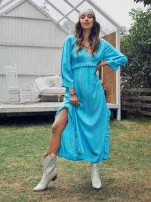 Đầm viền lá sen Tách cao màu trơn Giải trí - Màu xanh lam - Xem 1