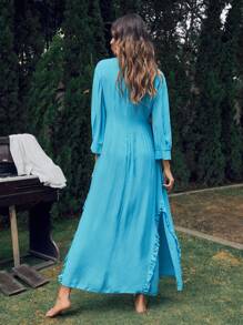 Đầm viền lá sen Tách cao màu trơn Giải trí - Màu xanh lam - Xem 2