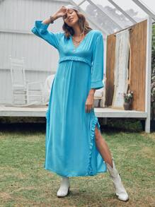 Đầm viền lá sen Tách cao màu trơn Giải trí - Màu xanh lam - Xem 4