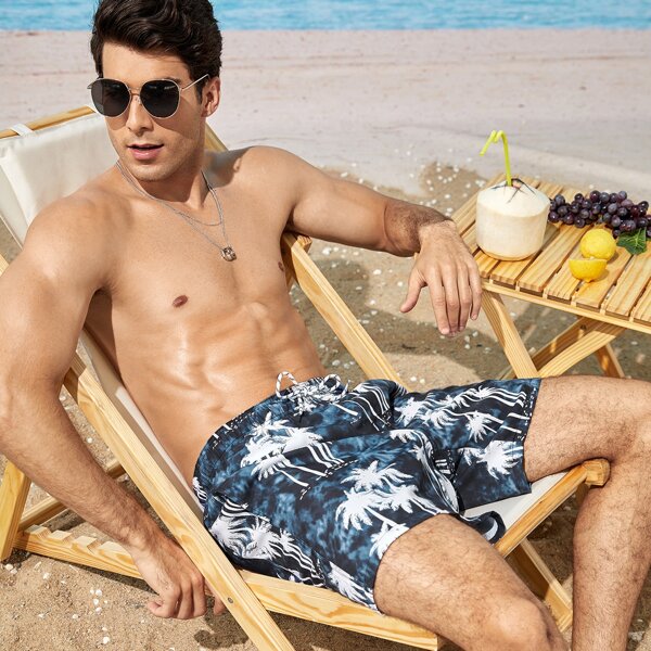 

Men Tropical Print Drawstring Waist Swim Trunks, Multicolor