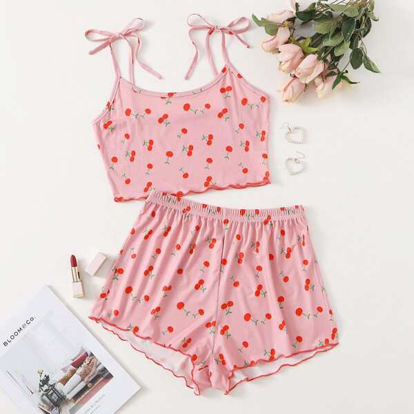 

Cherry Print Knot-straps Pajama Set, Watermelon pink