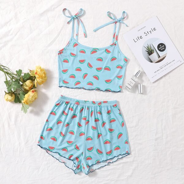

Watermelon Print Knot-straps Pajama Set, Baby blue