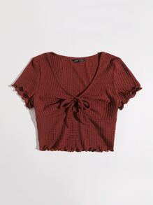 SHEIN EZwear Lettuce Trim Knot Front Waffle Knit Tee - Rust Brown - View 3