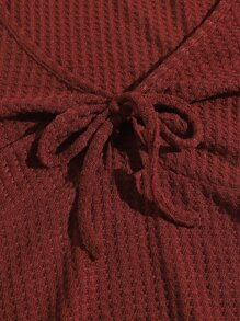 SHEIN EZwear Lettuce Trim Knot Front Waffle Knit Tee - Rust Brown - View 5