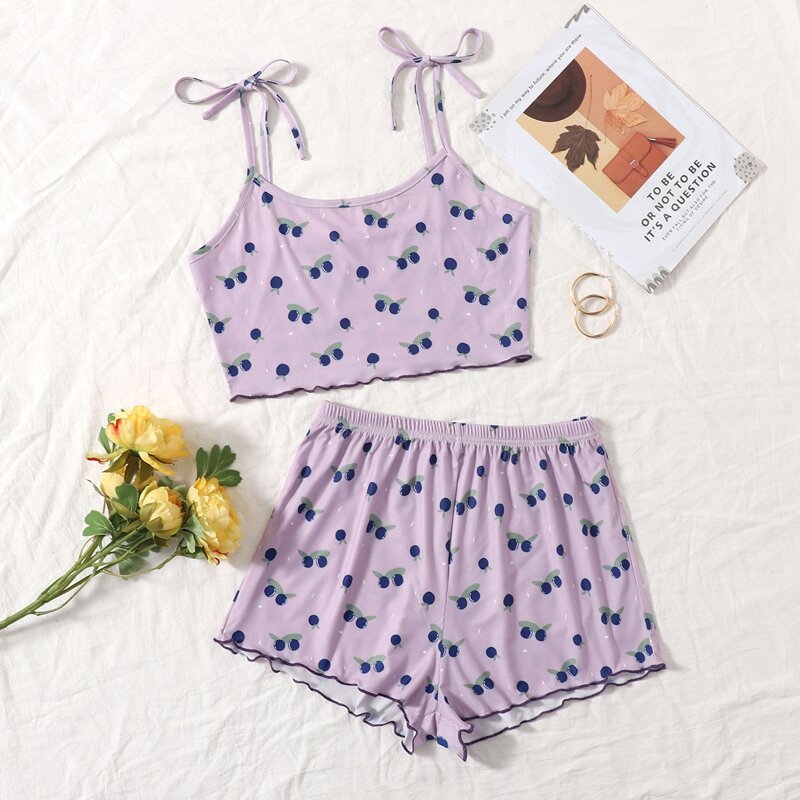 

Strawberry Print Knot-straps Pajama Set, Lilac purple