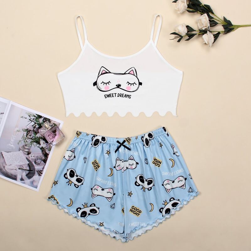 

Cartoon And Slogan Graphic Cami Pajama Set, Blue and white
