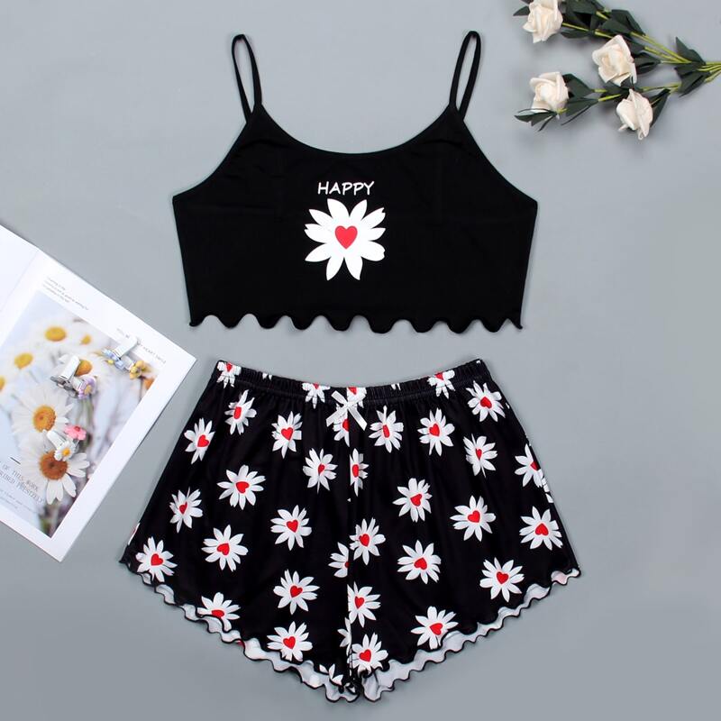 

Flower And Letter Graphic Cami Pajama Set, Black