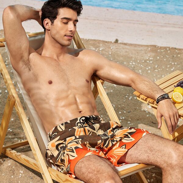 

Men Floral Print Drawstring Waist Swim Trunks, Multicolor