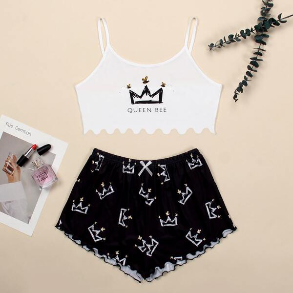 

Letter Graphic Cami Pajama Set, Black and white
