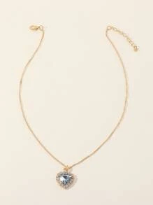 Rhinestone Heart Charm Necklace - Baby Blue - View 3