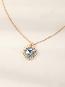 Rhinestone Heart Charm Necklace - Baby Blue - View 4