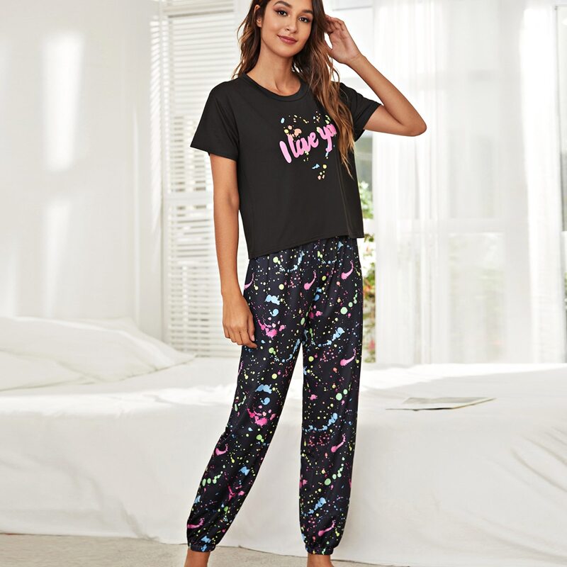 

Slogan Graphic Pajama Set, Black