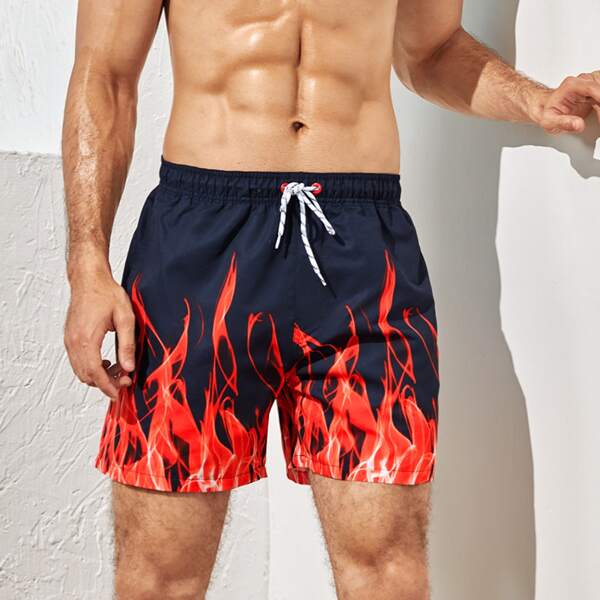 

Men Fire Print Drawstring Waist Swim Trunks, Multicolor