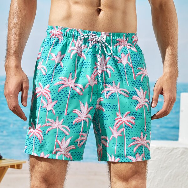 

Men Tropical And Geo Print Drawstring Waist Swim Trunks, Mint green