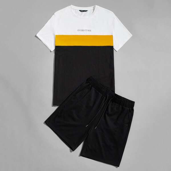 

Men Letter Graphic Colorblock Top & Track Shorts Set, Multicolor