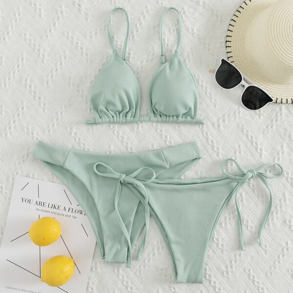 

3pack Rib Tie Side Bikini Swimsuit & High Cut Bikini Panty, Mint green
