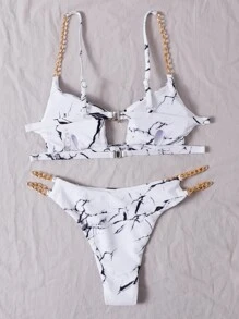SHEIN Swim 夏季海灘大理石印花鏈狀比基尼套裝 - 黑與白 - 查看 2