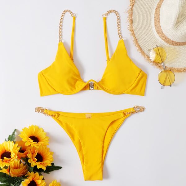 

Chain Linked Underwire Thong Bikini Swimsuit, Yellow