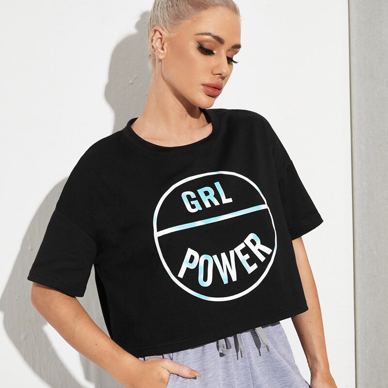 

Letter Graphic Drop Shoulder Sports Tee, Black