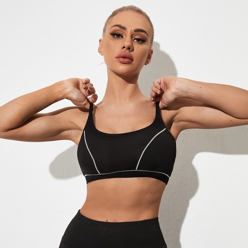 

Topstitching Backless Sports Bra, Black