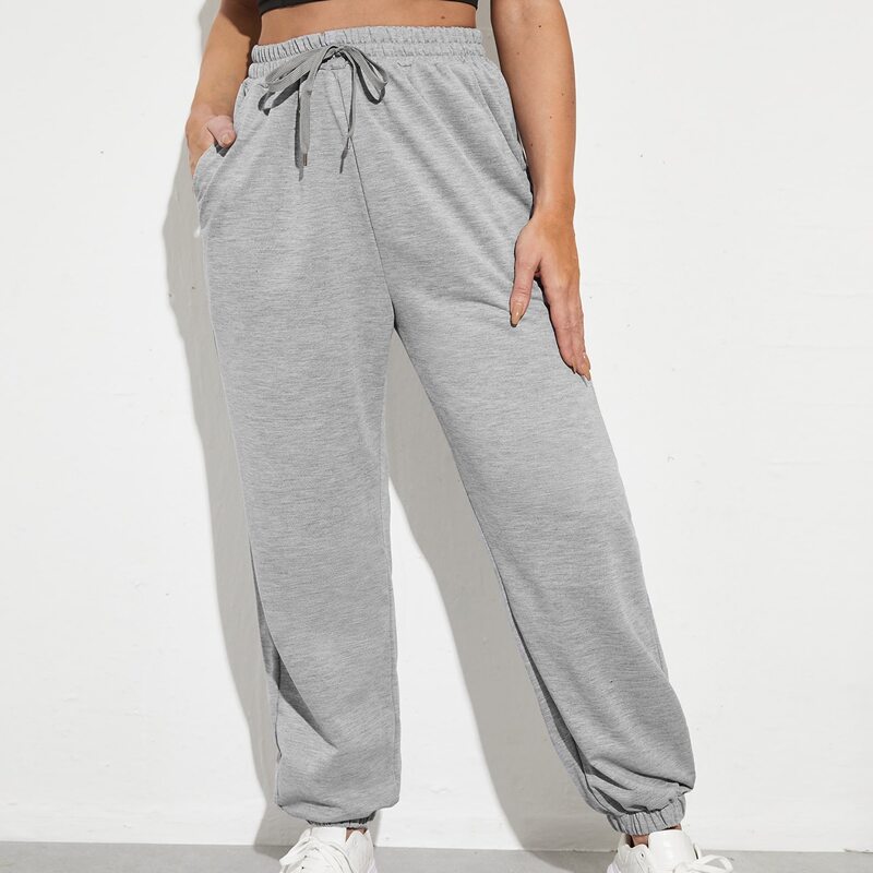 

Solid Drawstring Waist Sports Pants, Light grey