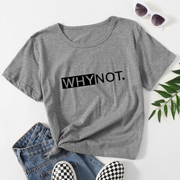 

Slogan Graphic Round Neck Tee, Grey