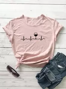 SHEIN LUNE ECG & Wine Print Tee - Baby Pink - View 1