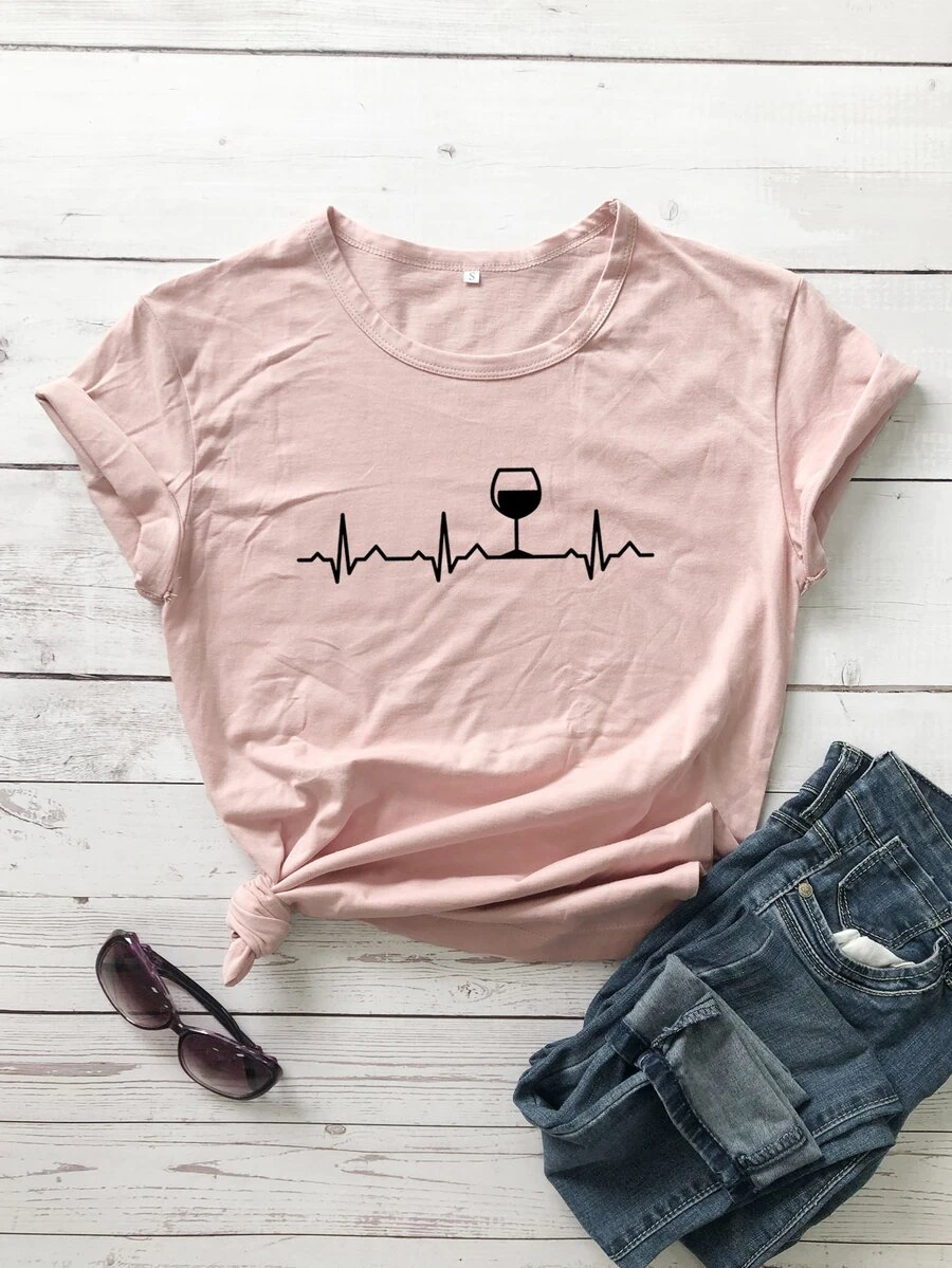 SHEIN LUNE ECG & Wine Print Tee - Baby Pink - View 1