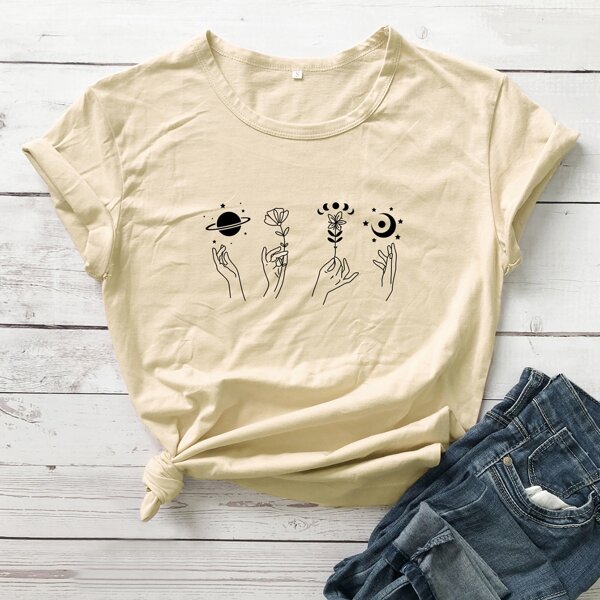 

Figure And Floral Print Tee, Apricot