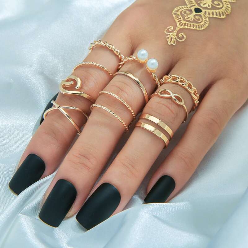 

10pcs Faux Pearl Ring Set, Gold