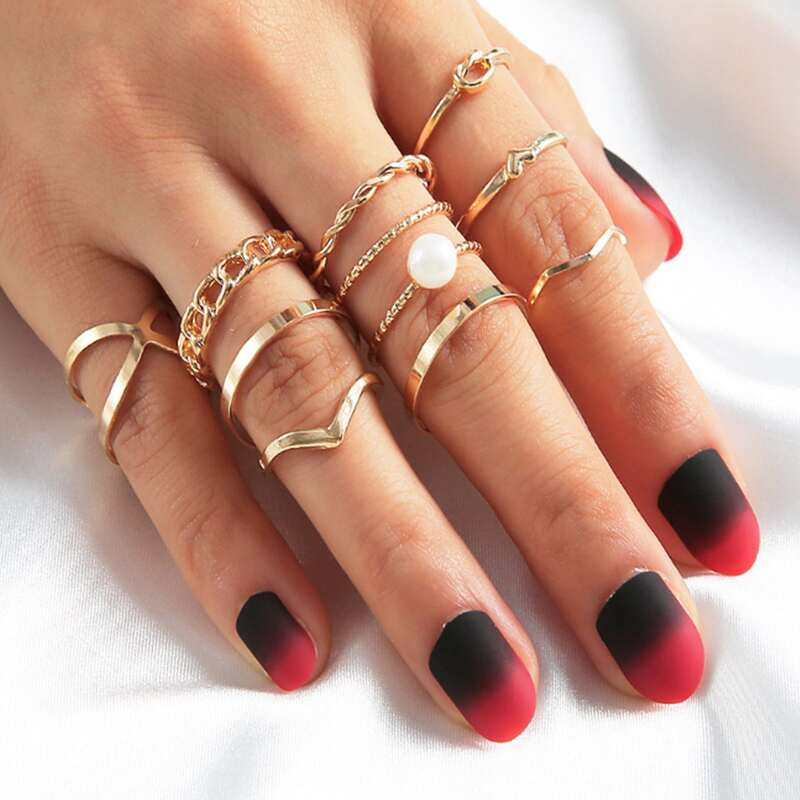 

10pcs Faux Pearl & Heart Decor Ring, Gold