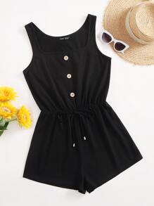 SHEIN VCAY Mono tank con botón delantero de cintura con cordón - Negro - Ver 1