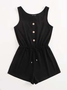 SHEIN VCAY Mono tank con botón delantero de cintura con cordón - Negro - Ver 3