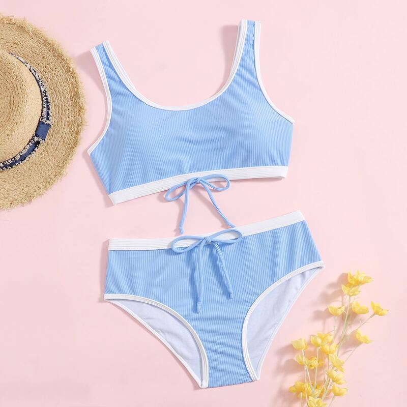 

Contrast Binding Tie Front Bikini Swimsuit, Baby blue