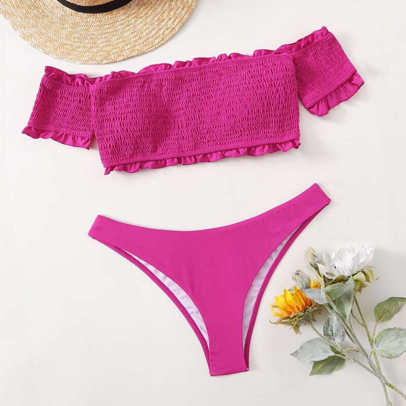

Frill Trim Smocked Bikini Swimsuit, Hot pink