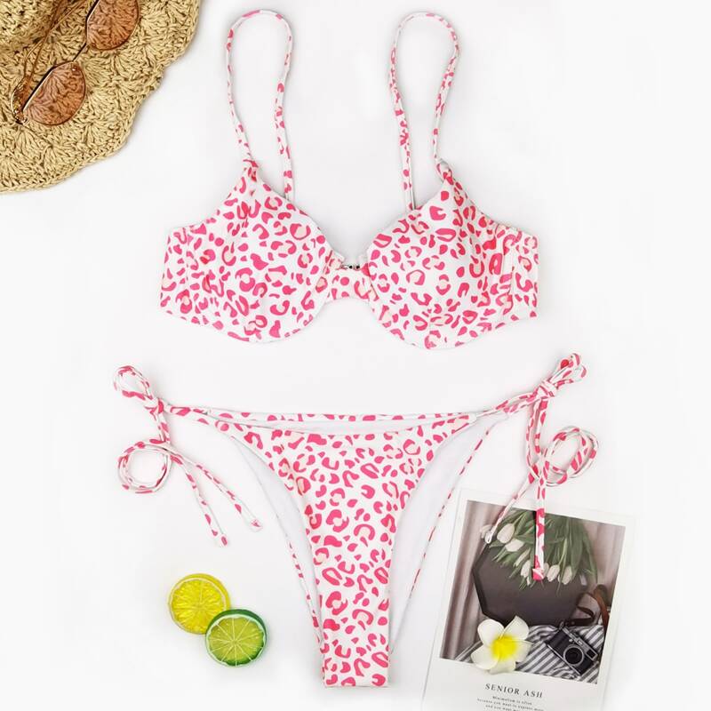 

Leopard Underwire Tie Side Bikini Swimsuit, Pink
