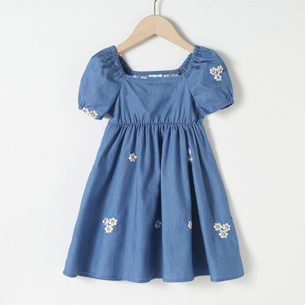 

Toddler Girls Floral Embroidery Denim Dress, Medium wash